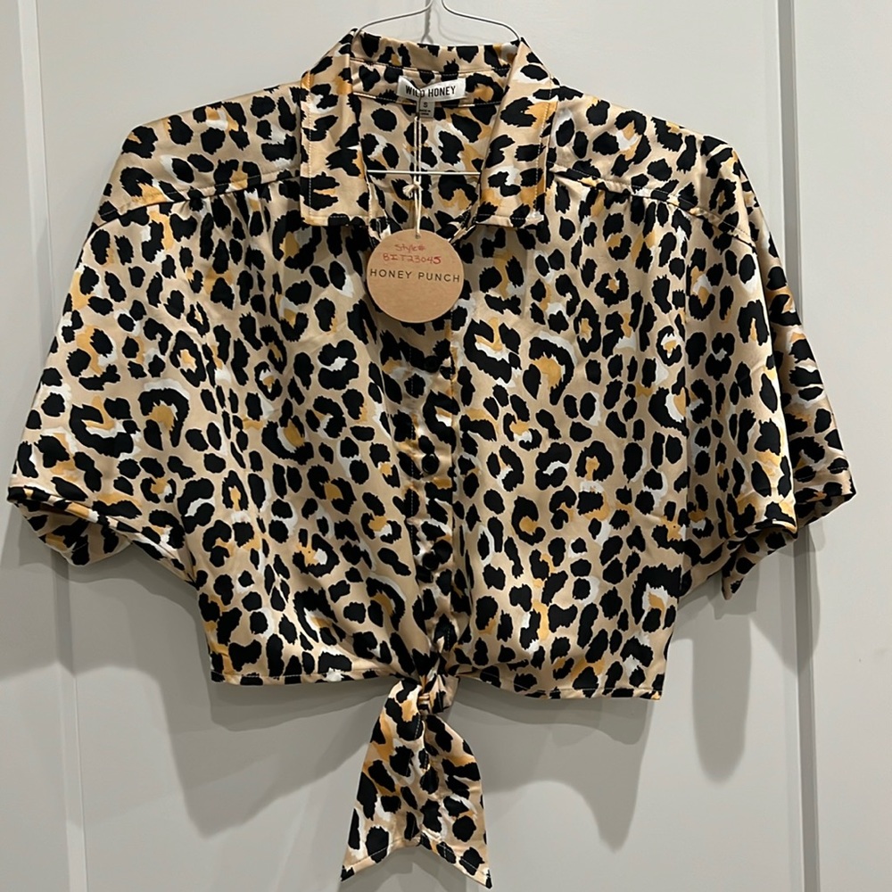 Wild Honey Leopard Print Tie-Front Crop Top in Black, Cream, Gold